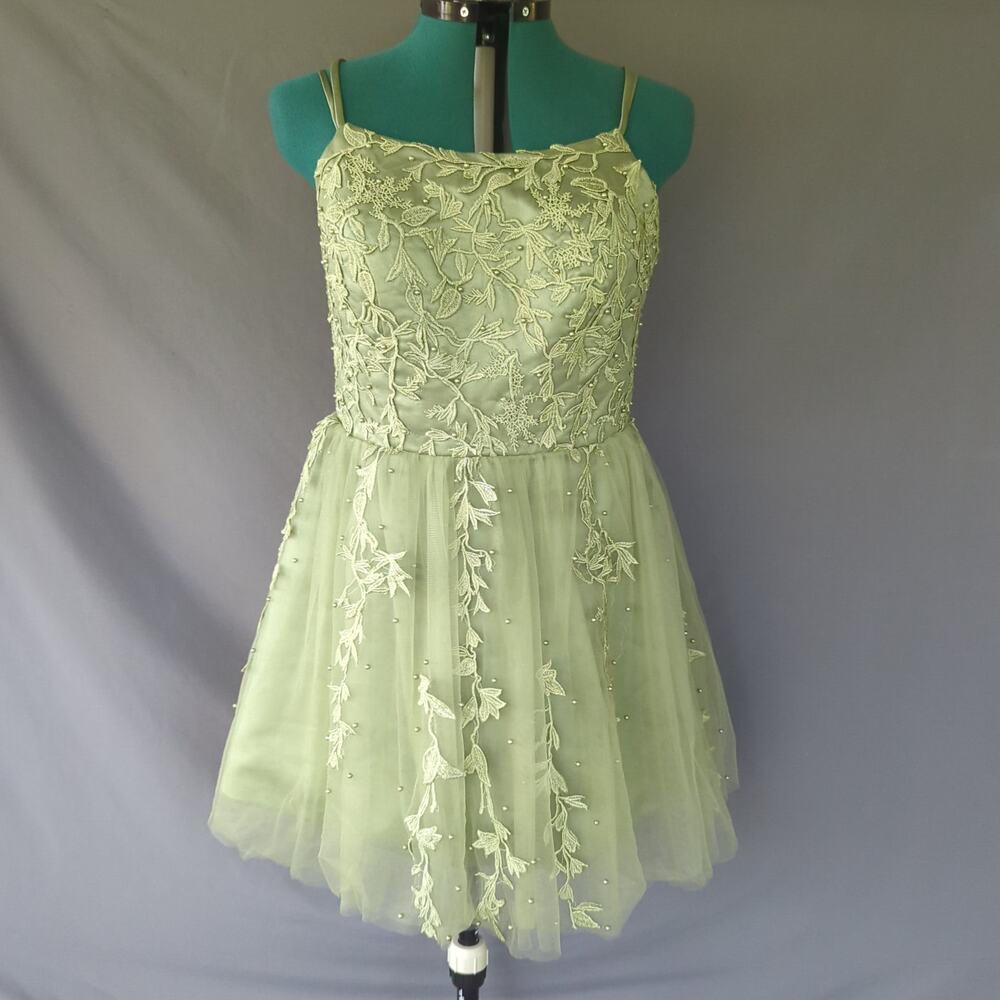 Sage Green Embroidered Tulle Corset Back Homecoming Dress Size 14